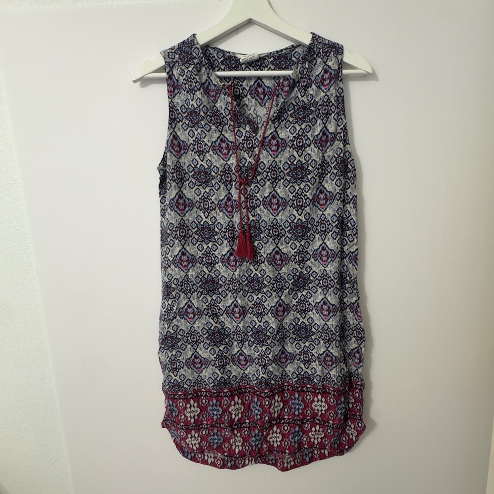 beachlunchlounge Shift Dress Womens Small Blue Burgundy Boho Tassel Festival